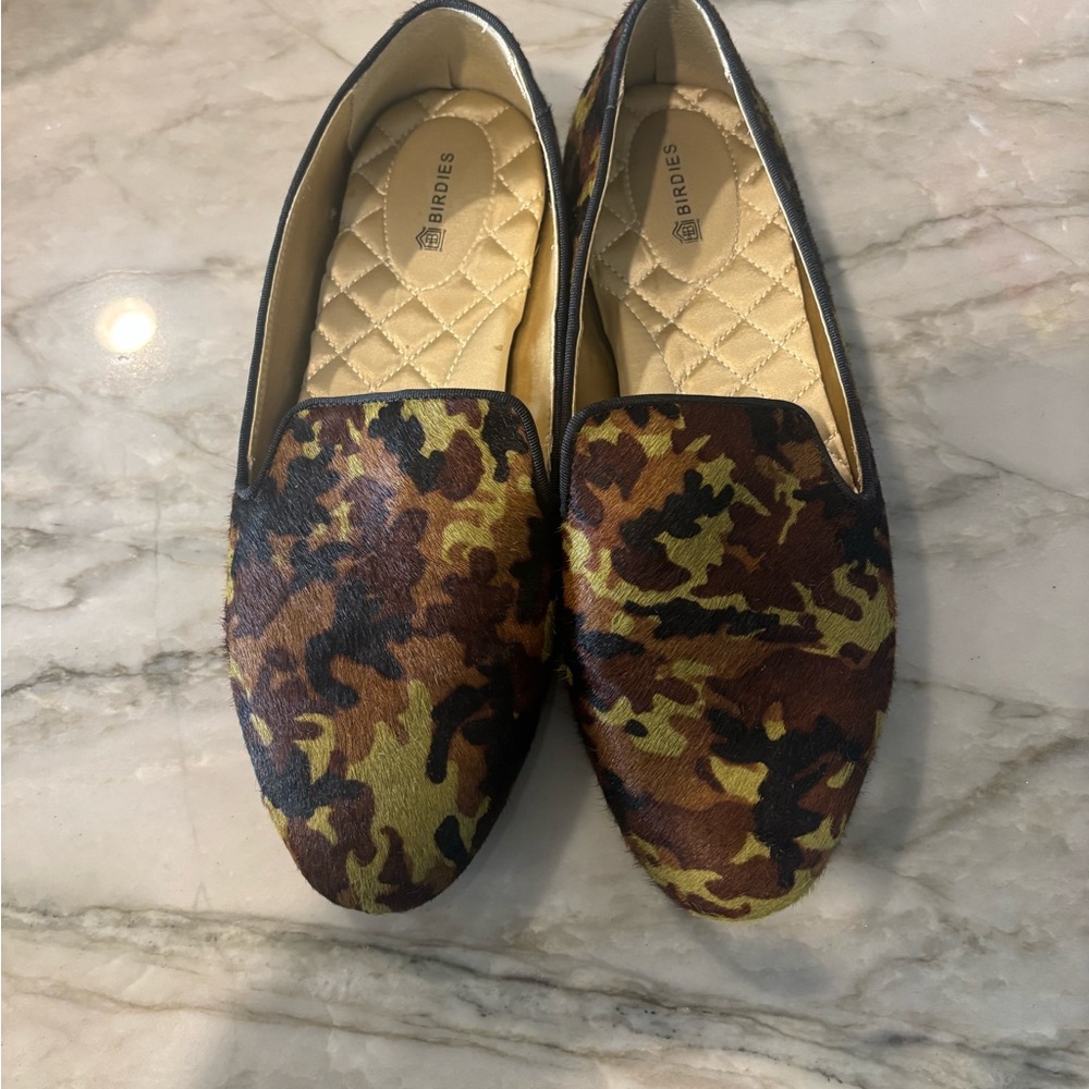 Birdies Camo Pony-Hair Loafers in Brown and Olive
